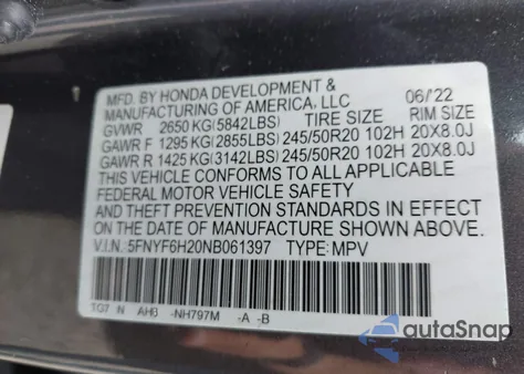 2022 Honda Pilot Awd Special Edition z USA, uszkodzony, nr VIN 5FNYF6H20NB061397